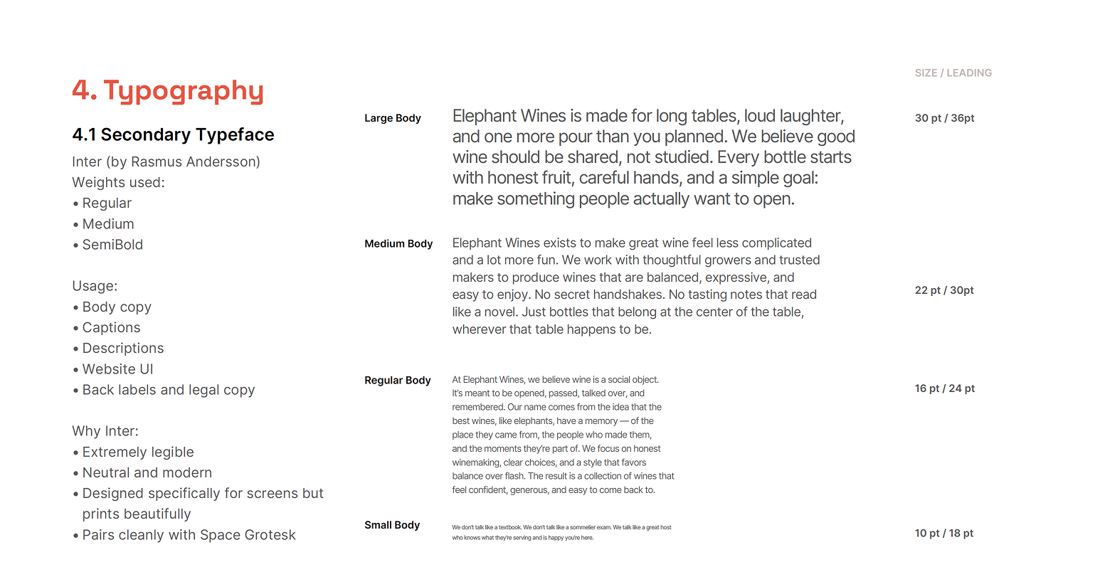 Elephant Wines secondary typeface — Inter