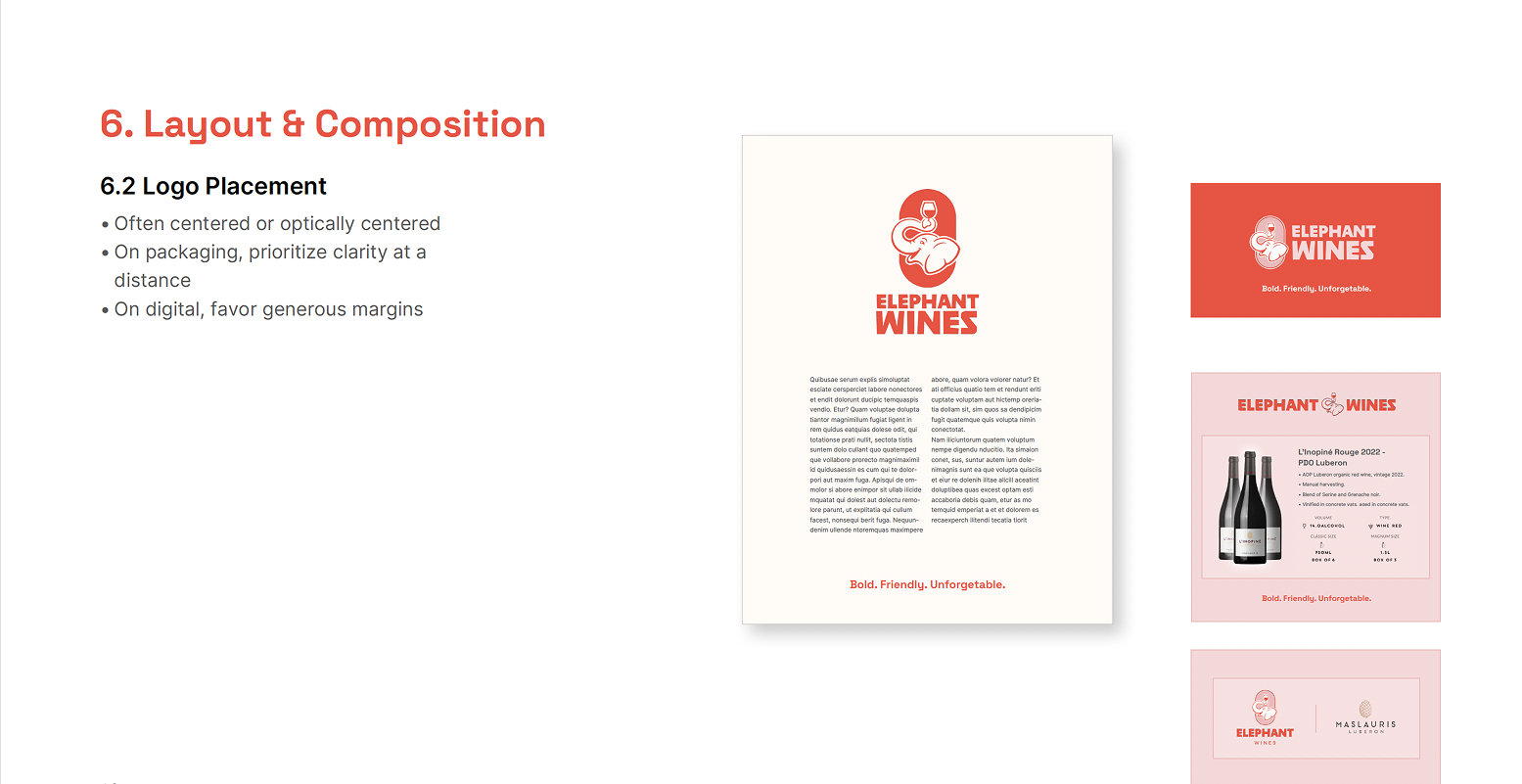 Elephant Wines layout and logo placement — letterhead, labels, bottles