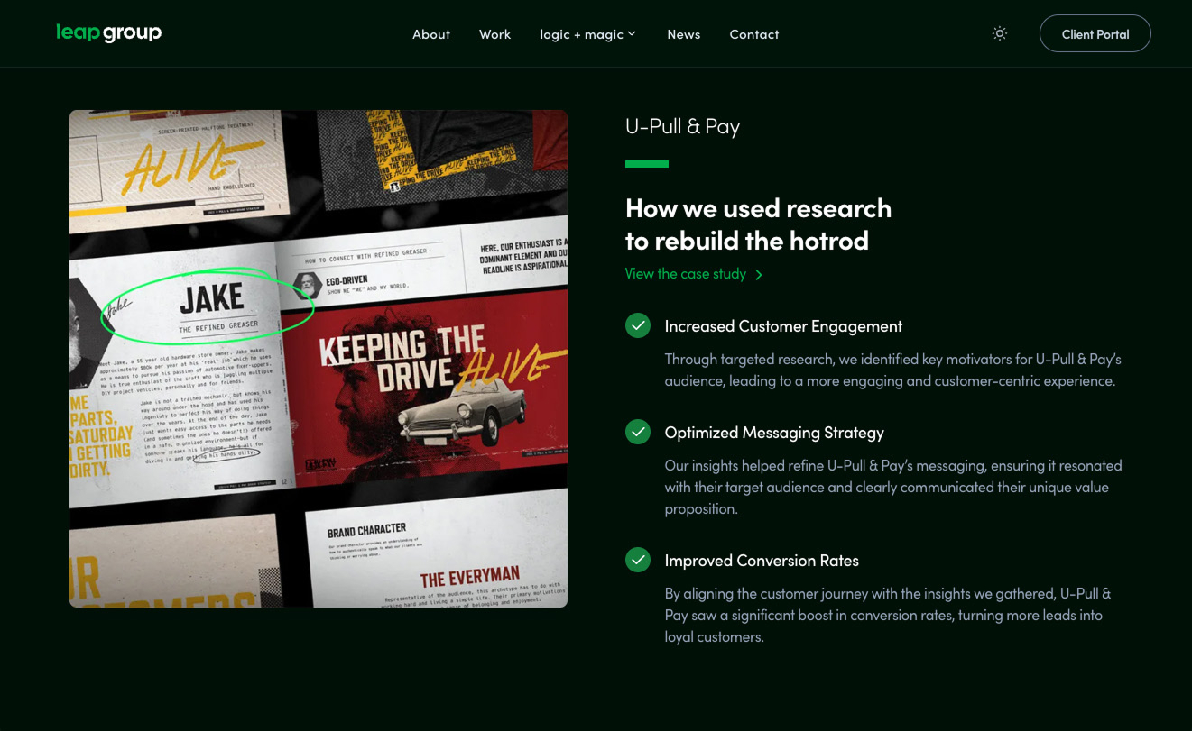 Leap Group featured content cards on dark green