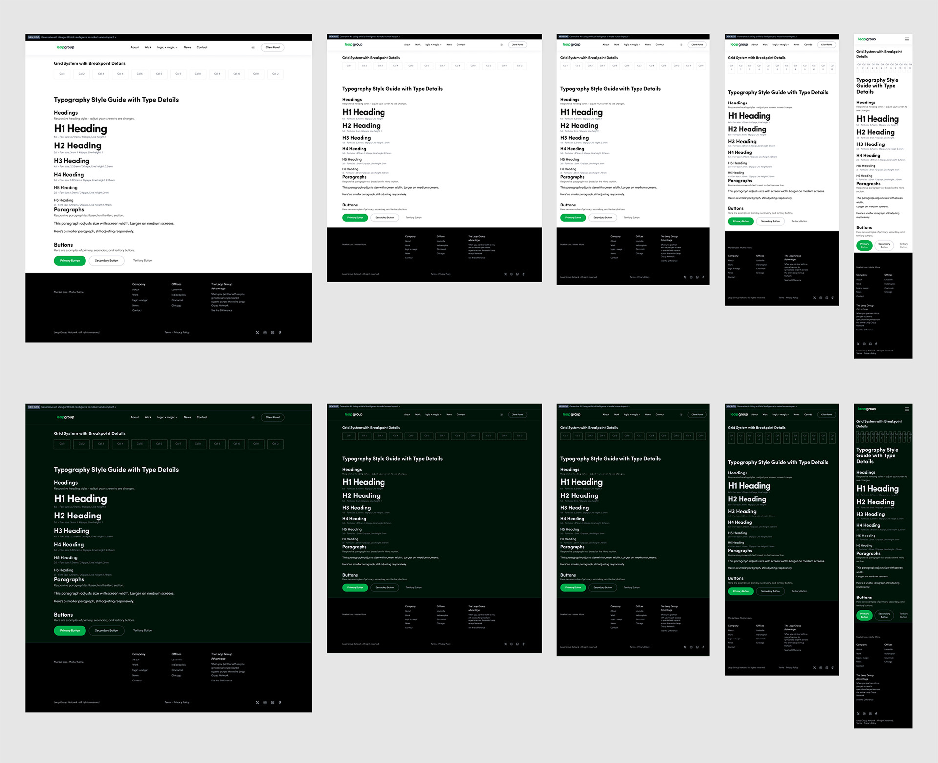 Leap Group page layouts — light and dark mode