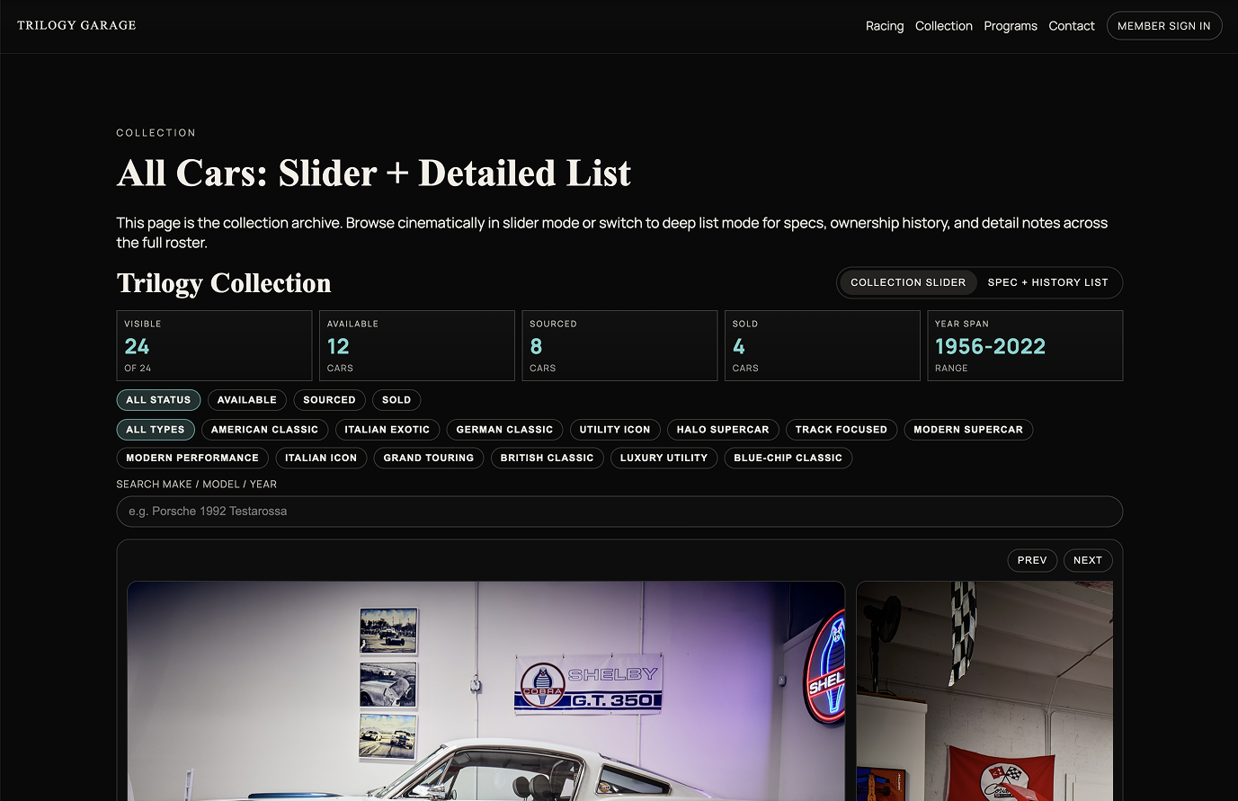 Trilogy Collection — All Cars slider and filter view