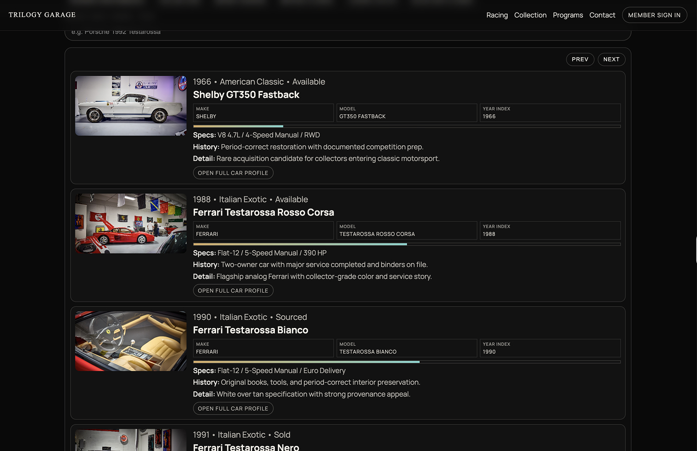 Trilogy Garage detailed car inventory list