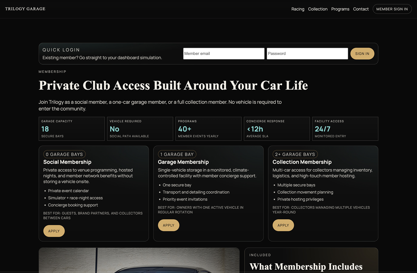 Trilogy Garage membership tiers — Social, Garage, Collector