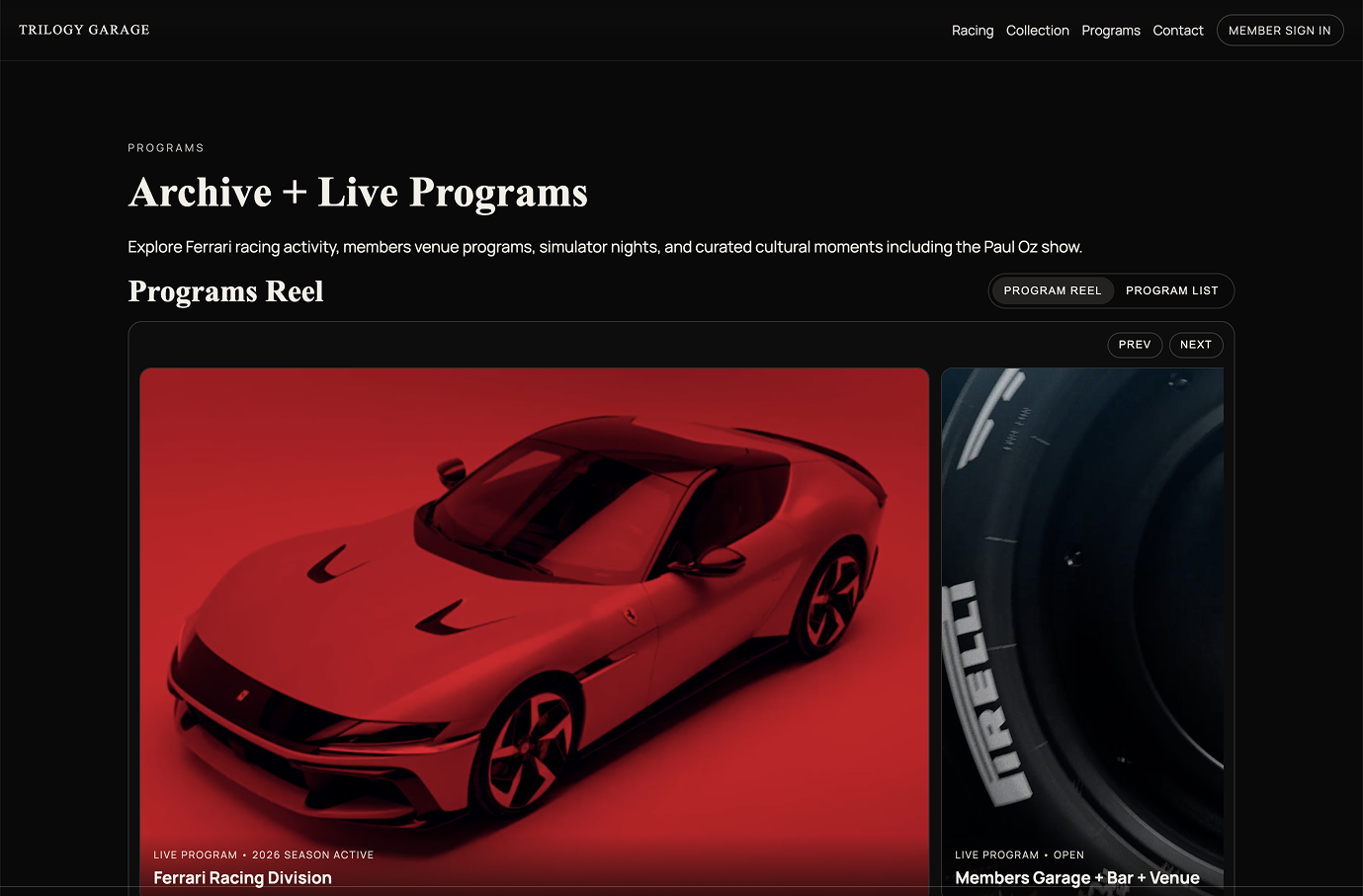 Archive + Live Programs, Programs Reel with Ferrari Racing Division