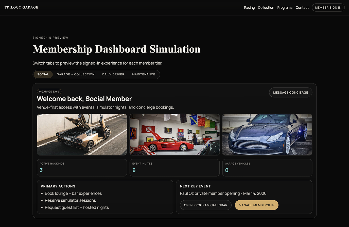 Membership dashboard simulation for Social Member
