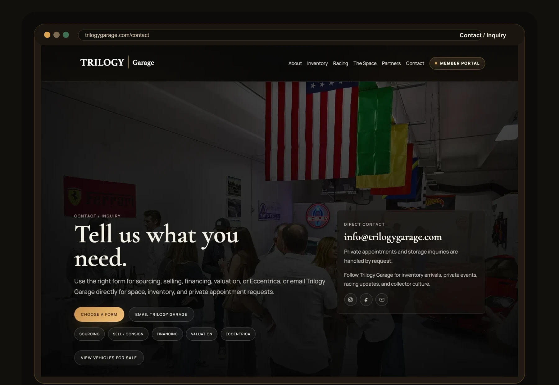 TrilogyGarage.com contact page mockup with inquiry options
