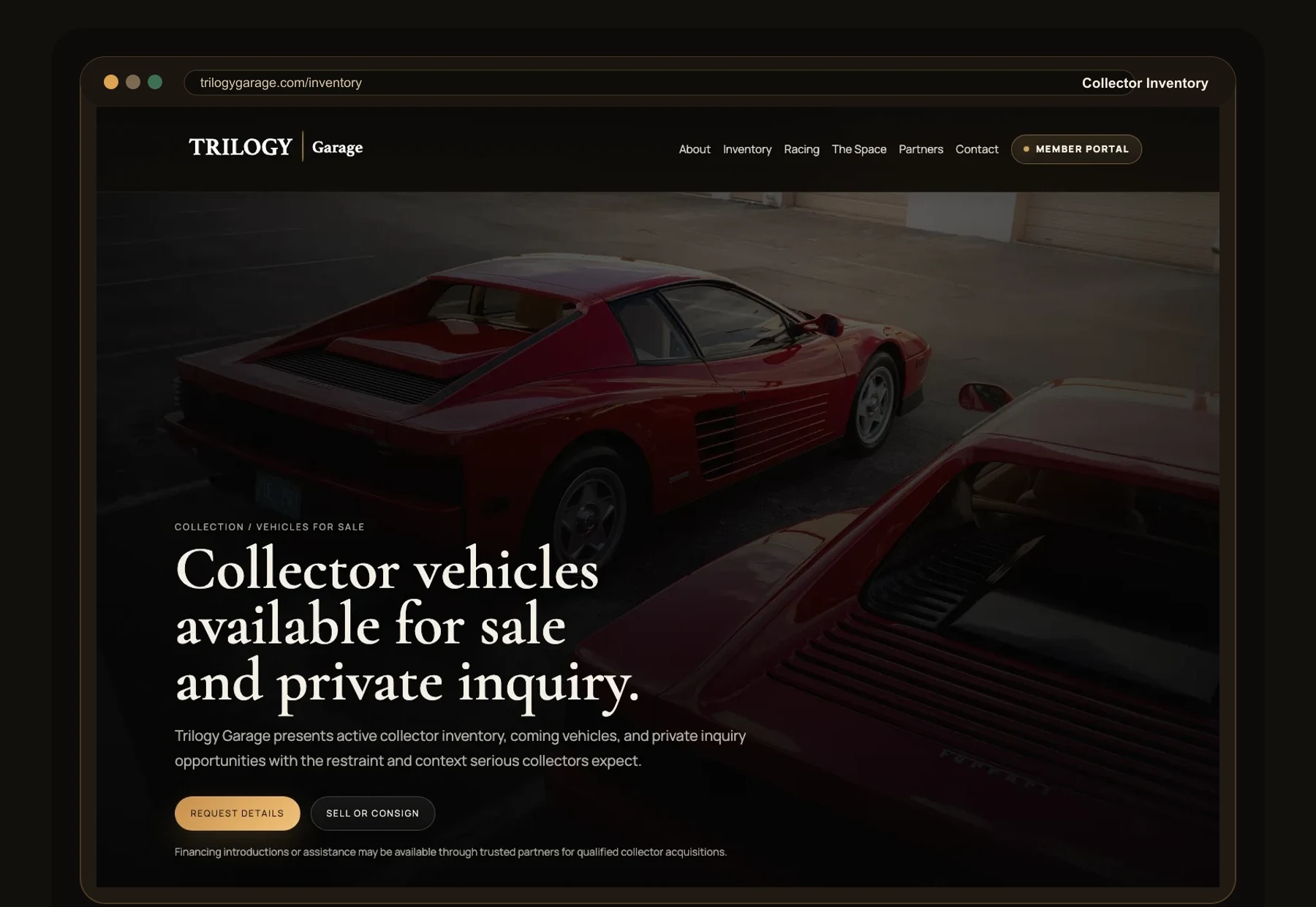 TrilogyGarage.com inventory browser mockup for collector vehicles and private inquiry