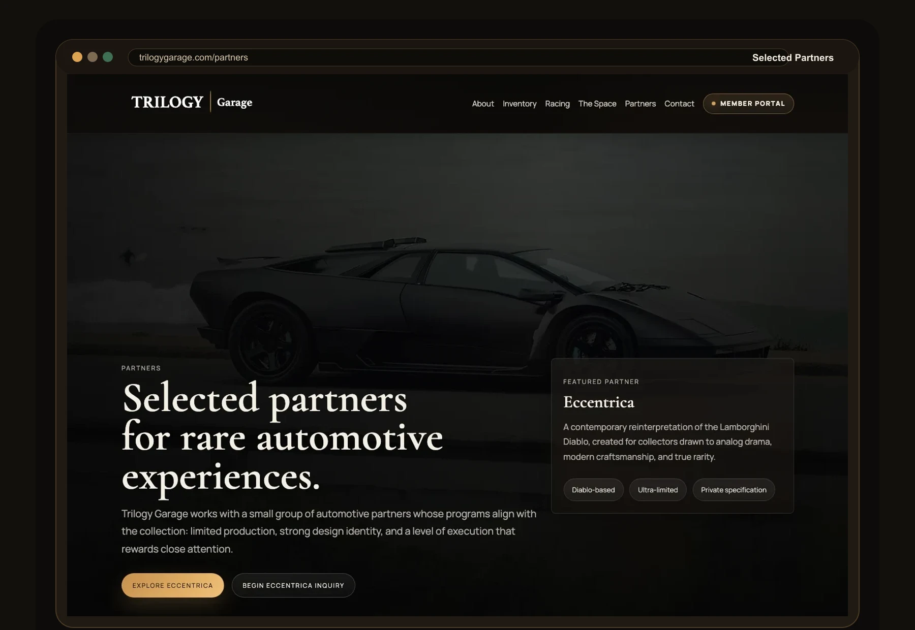 TrilogyGarage.com partners page mockup featuring Eccentrica