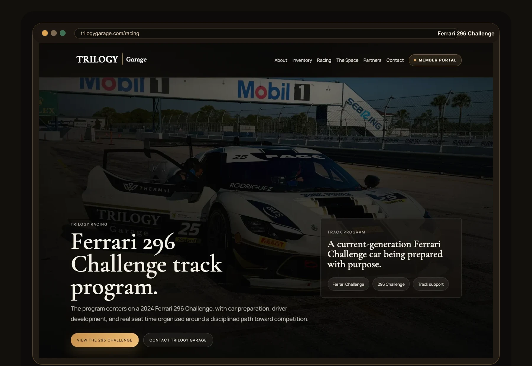 TrilogyGarage.com racing page mockup for the Ferrari 296 Challenge track program