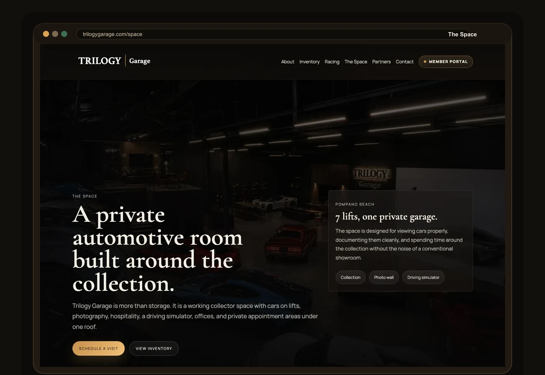 TrilogyGarage.com The Space page mockup for a private automotive room