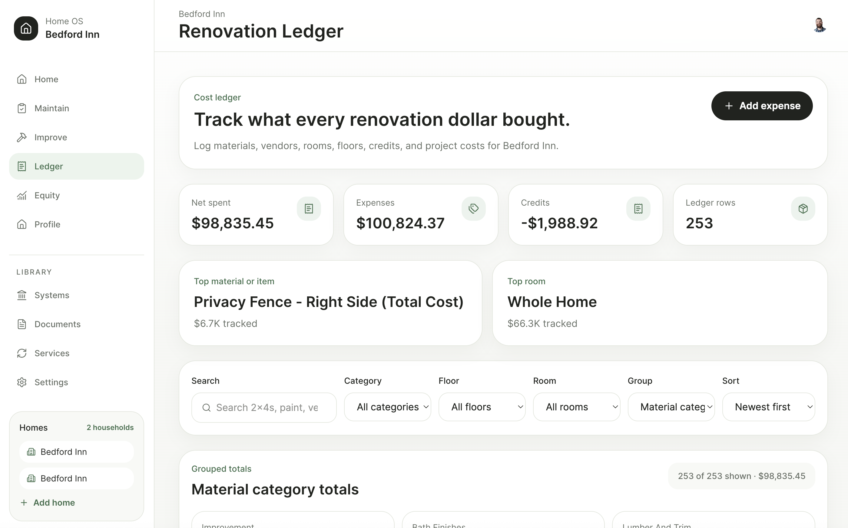 Home OS renovation ledger with expense totals