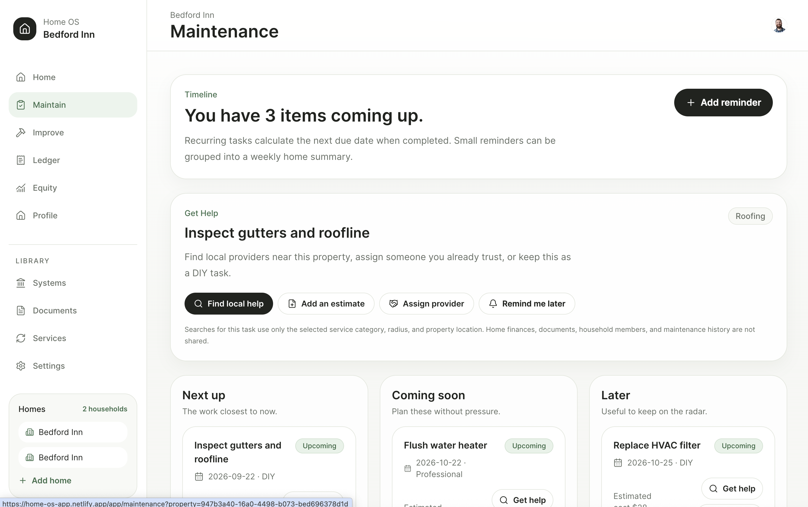Home OS maintenance timeline for Bedford Inn