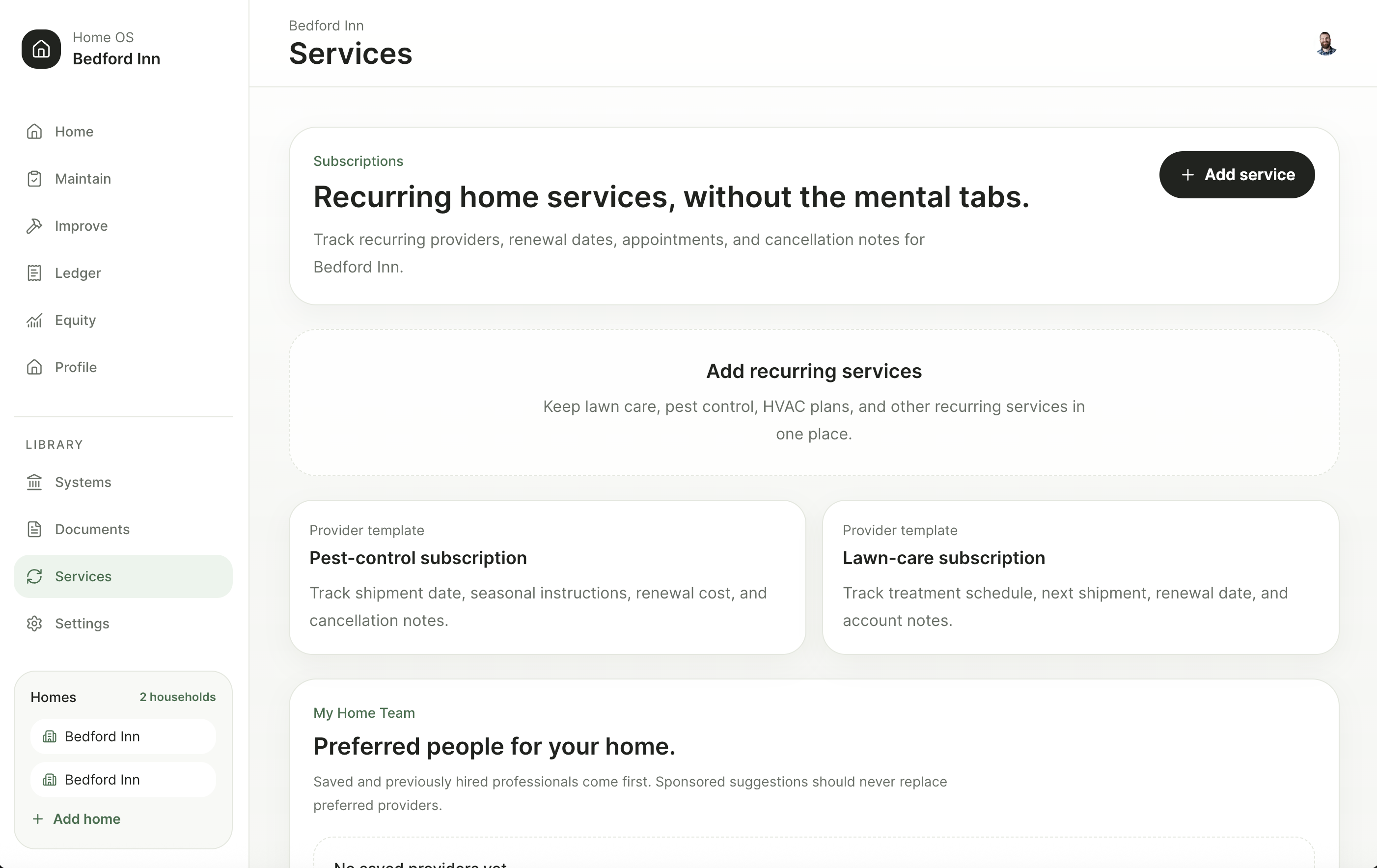 Home OS recurring services page