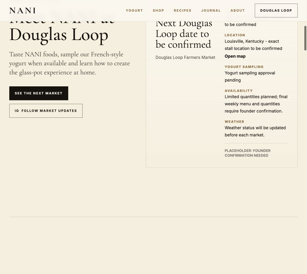 nani.food Douglas Loop launch section screenshot