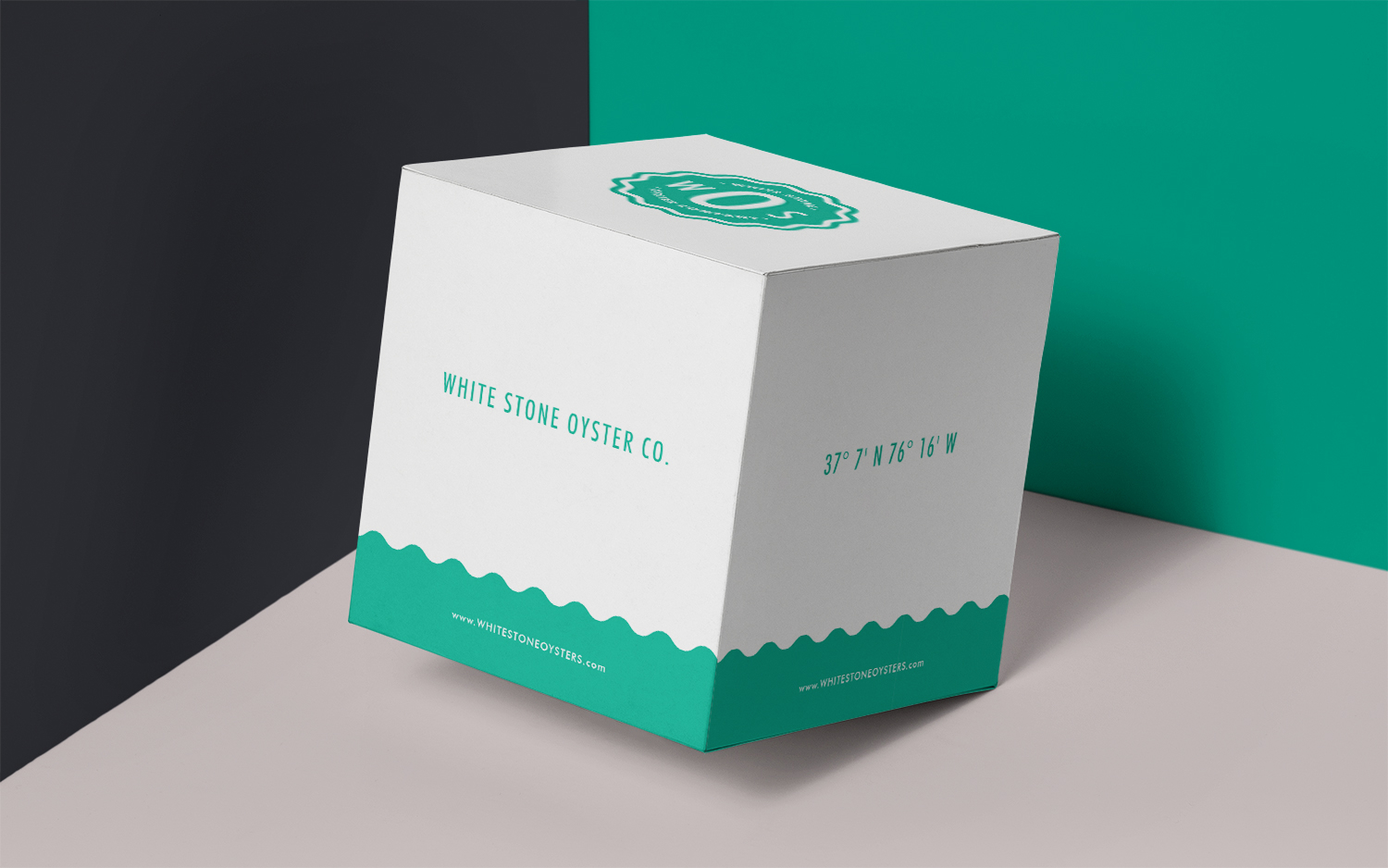 White Stone Oysters packaging — white box with teal wave