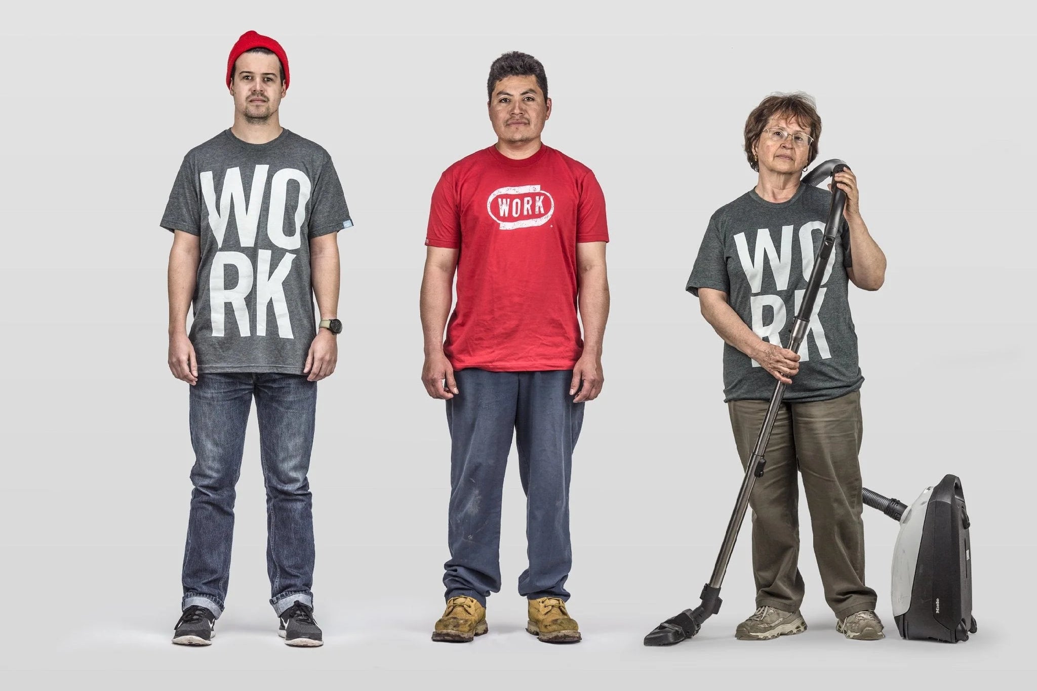 WORK Brands apparel collection image with three workers wearing WORK shirts