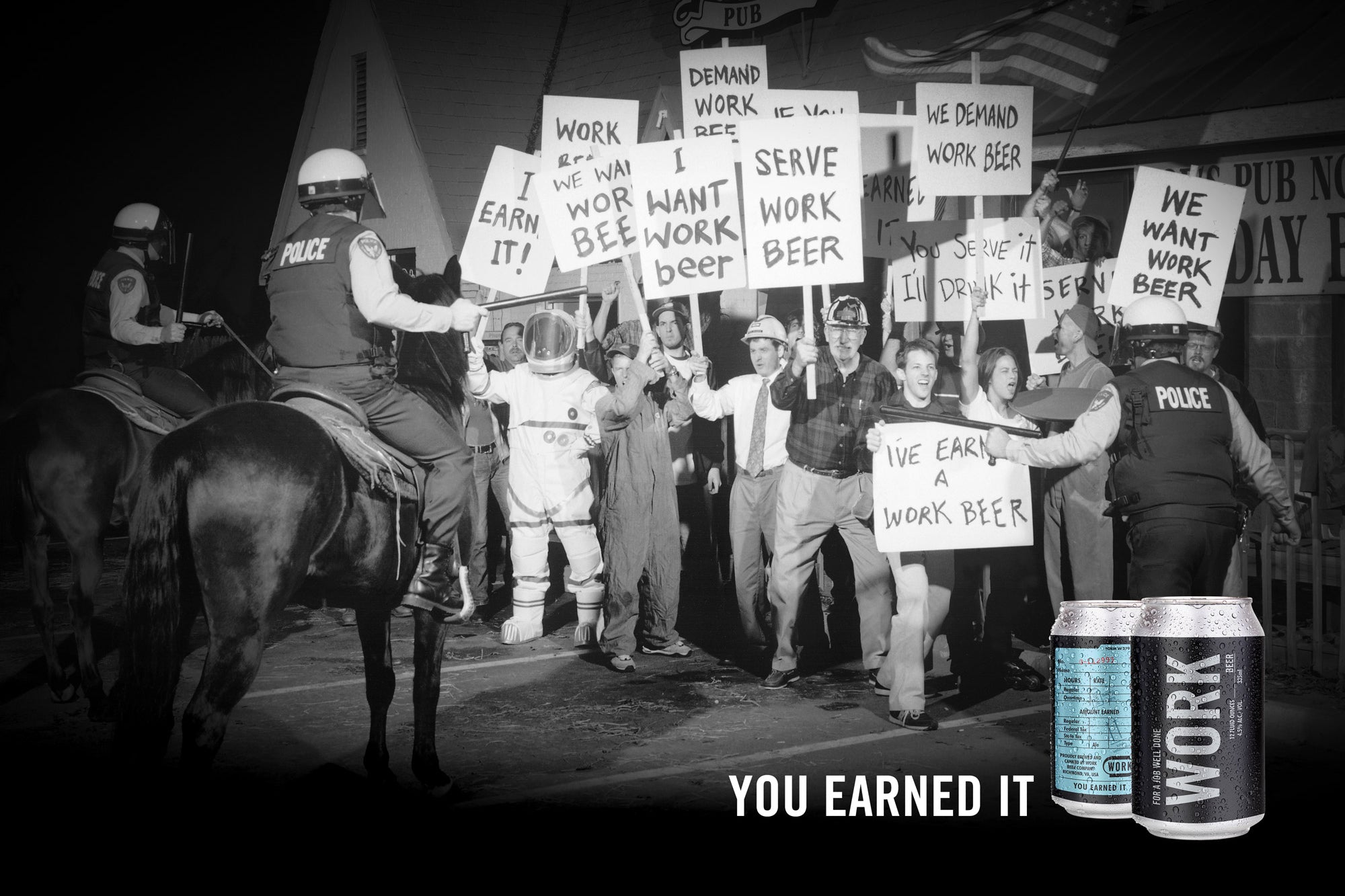 WORK Beer collection image with protest-style signs and product cans