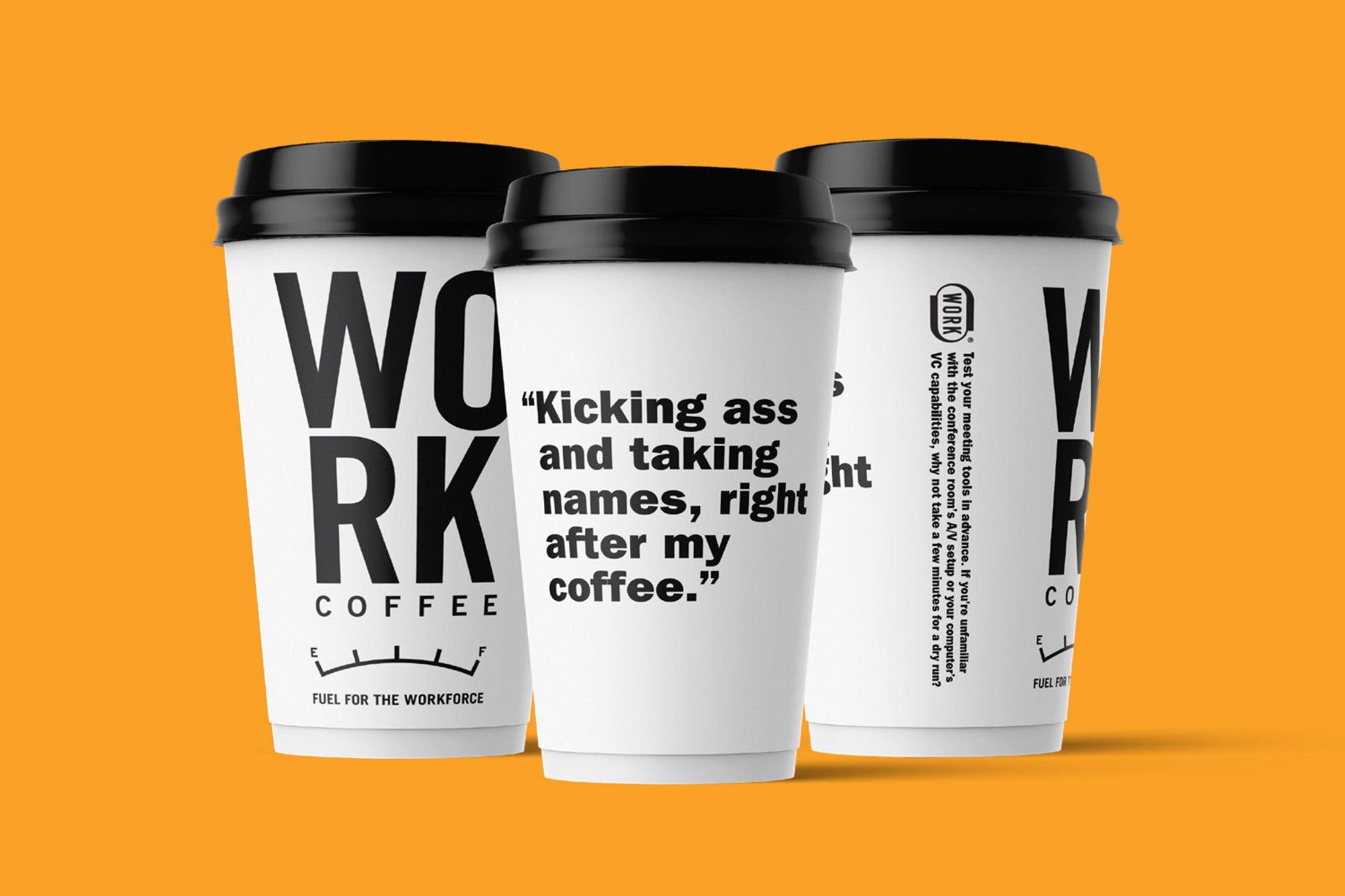 WORK Coffee product image with branded takeaway cups on an orange background